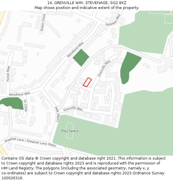 14, GRENVILLE WAY, STEVENAGE, SG2 8XZ: Location map and indicative extent of plot