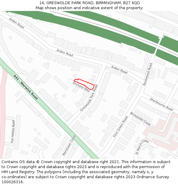 14, GRESWOLDE PARK ROAD, BIRMINGHAM, B27 6QD: Location map and indicative extent of plot