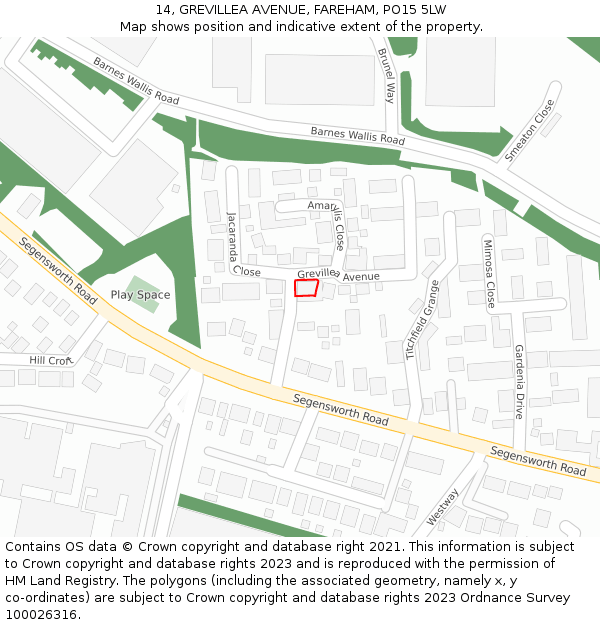 14, GREVILLEA AVENUE, FAREHAM, PO15 5LW: Location map and indicative extent of plot