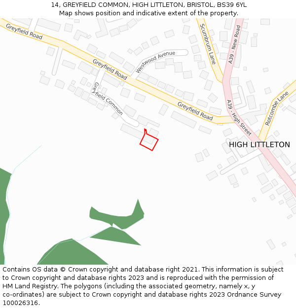 14, GREYFIELD COMMON, HIGH LITTLETON, BRISTOL, BS39 6YL: Location map and indicative extent of plot