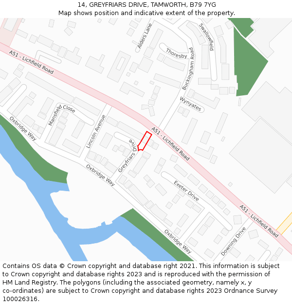 14, GREYFRIARS DRIVE, TAMWORTH, B79 7YG: Location map and indicative extent of plot
