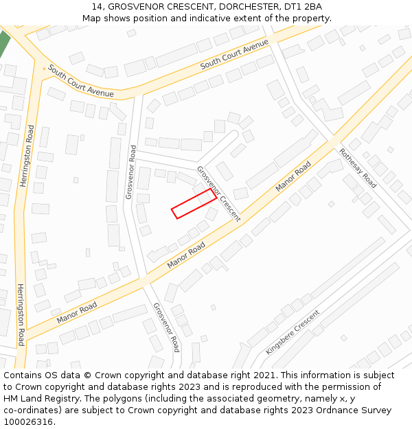 14, GROSVENOR CRESCENT, DORCHESTER, DT1 2BA: Location map and indicative extent of plot