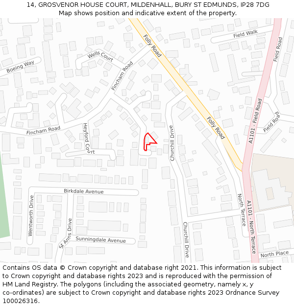 14, GROSVENOR HOUSE COURT, MILDENHALL, BURY ST EDMUNDS, IP28 7DG: Location map and indicative extent of plot