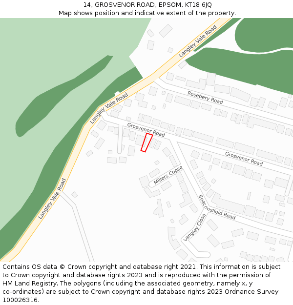 14, GROSVENOR ROAD, EPSOM, KT18 6JQ: Location map and indicative extent of plot
