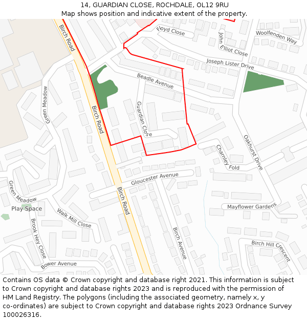 14, GUARDIAN CLOSE, ROCHDALE, OL12 9RU: Location map and indicative extent of plot