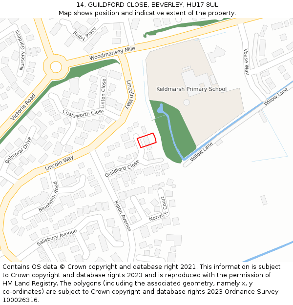 14, GUILDFORD CLOSE, BEVERLEY, HU17 8UL: Location map and indicative extent of plot