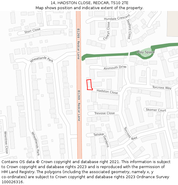 14, HADSTON CLOSE, REDCAR, TS10 2TE: Location map and indicative extent of plot