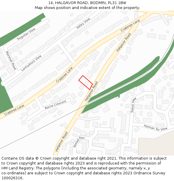 14, HALGAVOR ROAD, BODMIN, PL31 1BW: Location map and indicative extent of plot