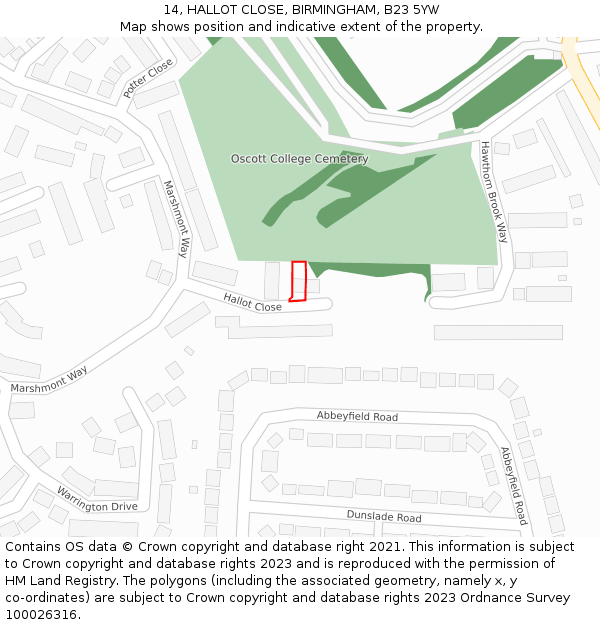 14, HALLOT CLOSE, BIRMINGHAM, B23 5YW: Location map and indicative extent of plot