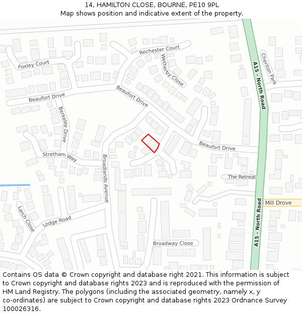 14, HAMILTON CLOSE, BOURNE, PE10 9PL: Location map and indicative extent of plot