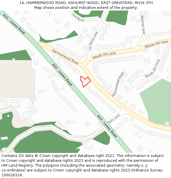 14, HAMMERWOOD ROAD, ASHURST WOOD, EAST GRINSTEAD, RH19 3TH: Location map and indicative extent of plot
