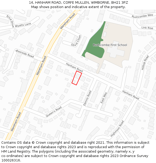 14, HANHAM ROAD, CORFE MULLEN, WIMBORNE, BH21 3PZ: Location map and indicative extent of plot
