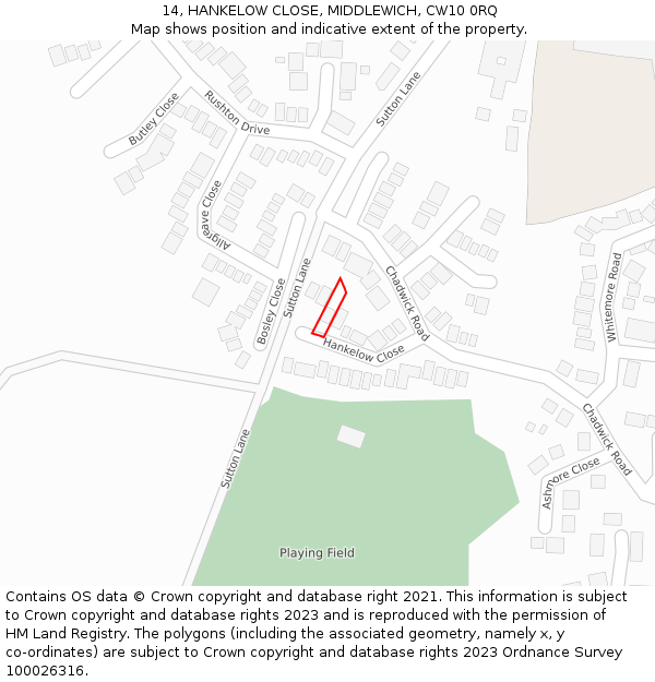 14, HANKELOW CLOSE, MIDDLEWICH, CW10 0RQ: Location map and indicative extent of plot