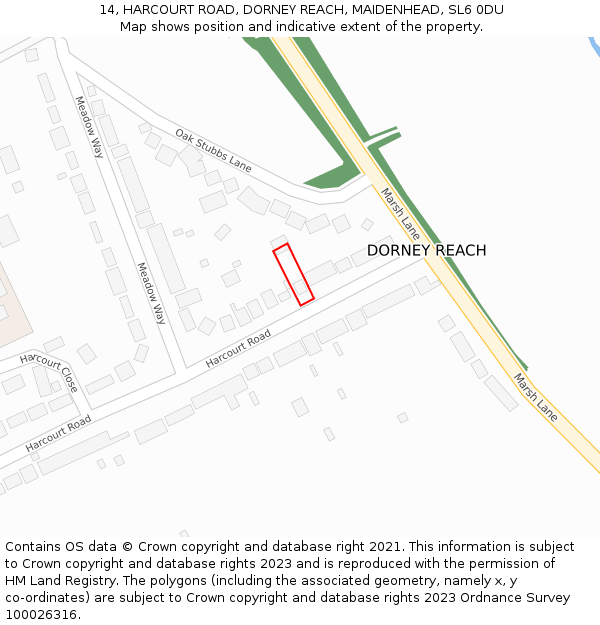 14, HARCOURT ROAD, DORNEY REACH, MAIDENHEAD, SL6 0DU: Location map and indicative extent of plot