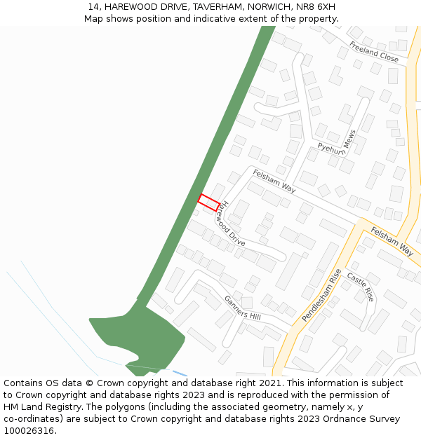 14, HAREWOOD DRIVE, TAVERHAM, NORWICH, NR8 6XH: Location map and indicative extent of plot