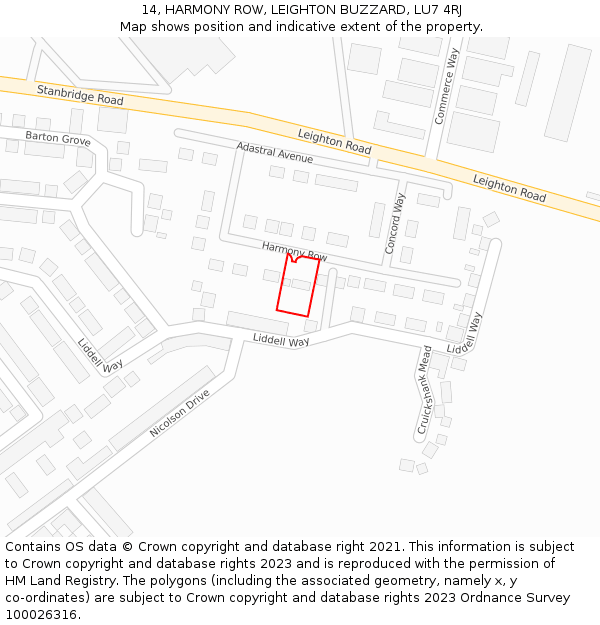 14, HARMONY ROW, LEIGHTON BUZZARD, LU7 4RJ: Location map and indicative extent of plot