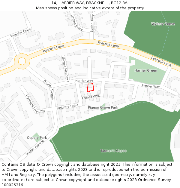 14, HARRIER WAY, BRACKNELL, RG12 8AL: Location map and indicative extent of plot