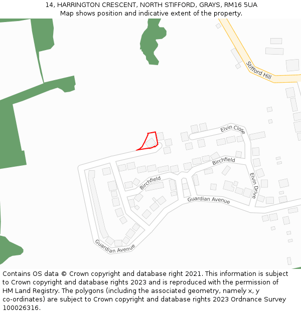 14, HARRINGTON CRESCENT, NORTH STIFFORD, GRAYS, RM16 5UA: Location map and indicative extent of plot