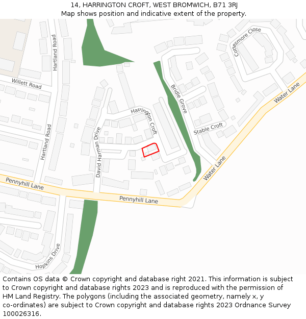 14, HARRINGTON CROFT, WEST BROMWICH, B71 3RJ: Location map and indicative extent of plot