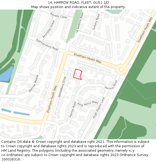 14, HARROW ROAD, FLEET, GU51 1JD: Location map and indicative extent of plot