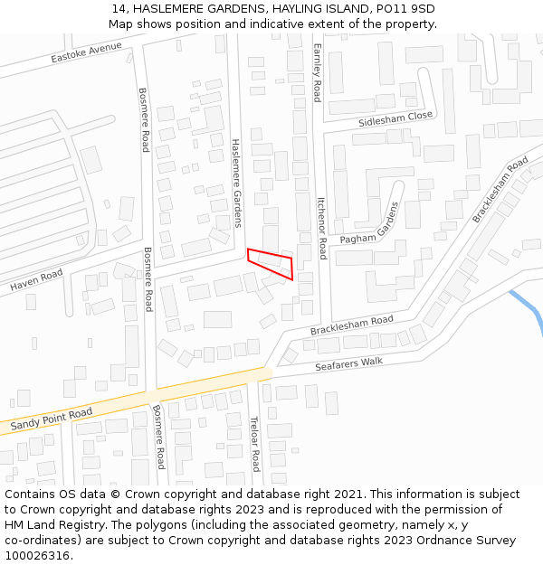 14, HASLEMERE GARDENS, HAYLING ISLAND, PO11 9SD: Location map and indicative extent of plot