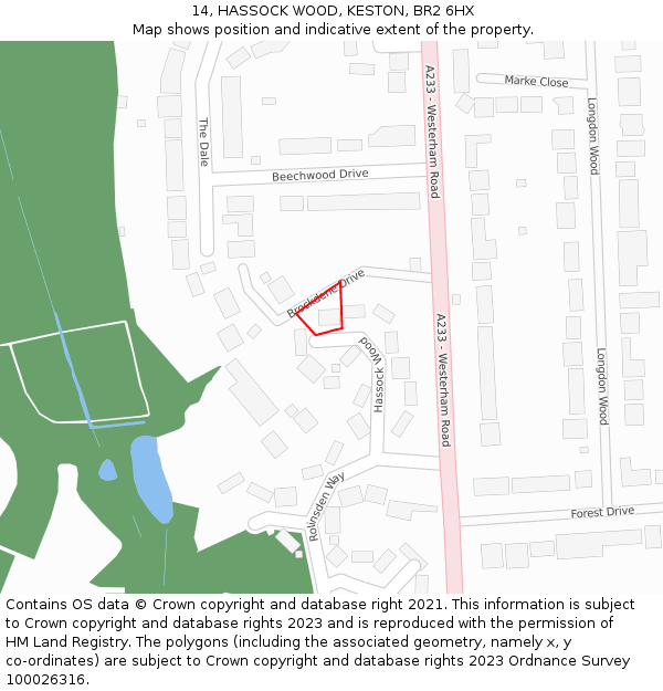 14, HASSOCK WOOD, KESTON, BR2 6HX: Location map and indicative extent of plot