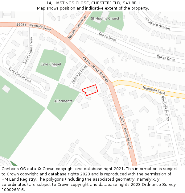 14, HASTINGS CLOSE, CHESTERFIELD, S41 8RH: Location map and indicative extent of plot