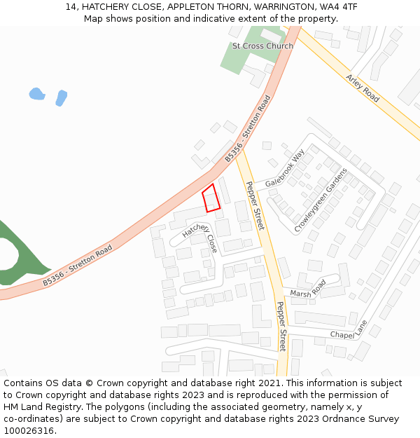 14, HATCHERY CLOSE, APPLETON THORN, WARRINGTON, WA4 4TF: Location map and indicative extent of plot