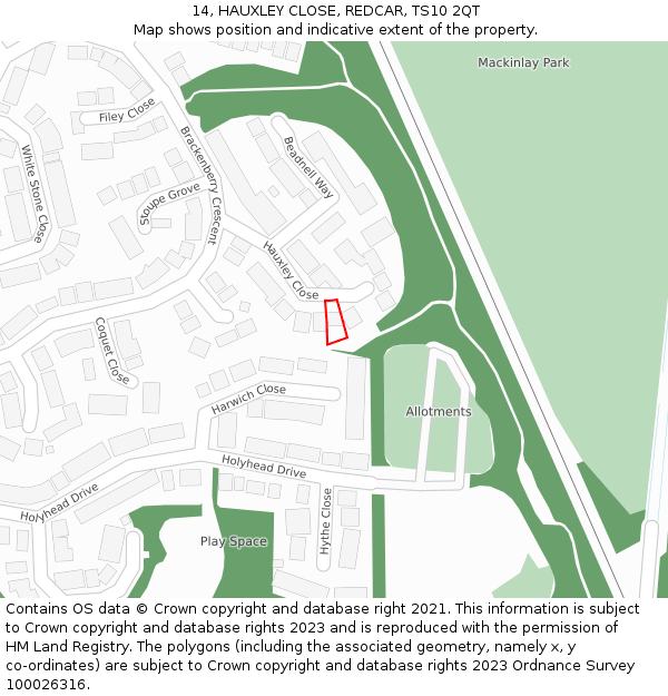 14, HAUXLEY CLOSE, REDCAR, TS10 2QT: Location map and indicative extent of plot