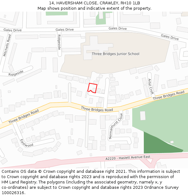 14, HAVERSHAM CLOSE, CRAWLEY, RH10 1LB: Location map and indicative extent of plot