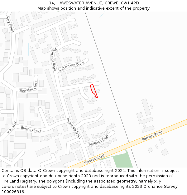 14, HAWESWATER AVENUE, CREWE, CW1 4PD: Location map and indicative extent of plot