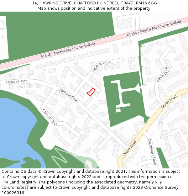 14, HAWKINS DRIVE, CHAFFORD HUNDRED, GRAYS, RM16 6GG: Location map and indicative extent of plot