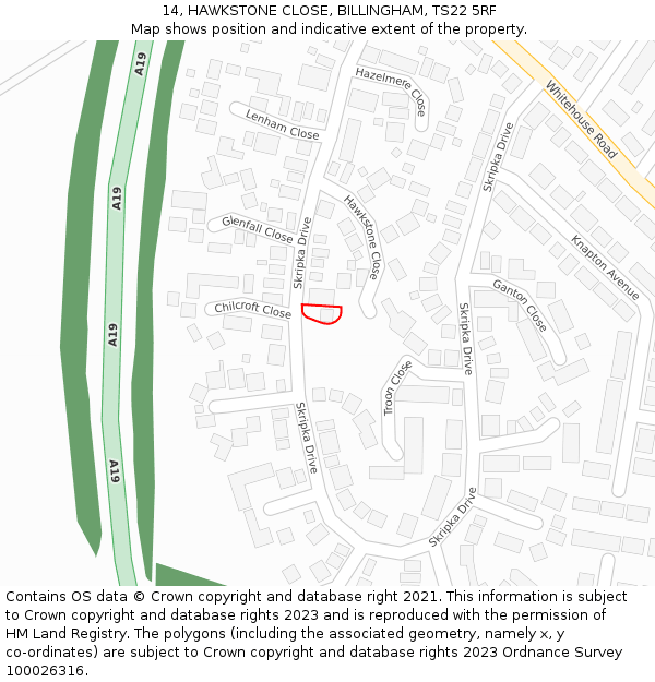 14, HAWKSTONE CLOSE, BILLINGHAM, TS22 5RF: Location map and indicative extent of plot