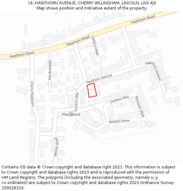 14, HAWTHORN AVENUE, CHERRY WILLINGHAM, LINCOLN, LN3 4JS: Location map and indicative extent of plot