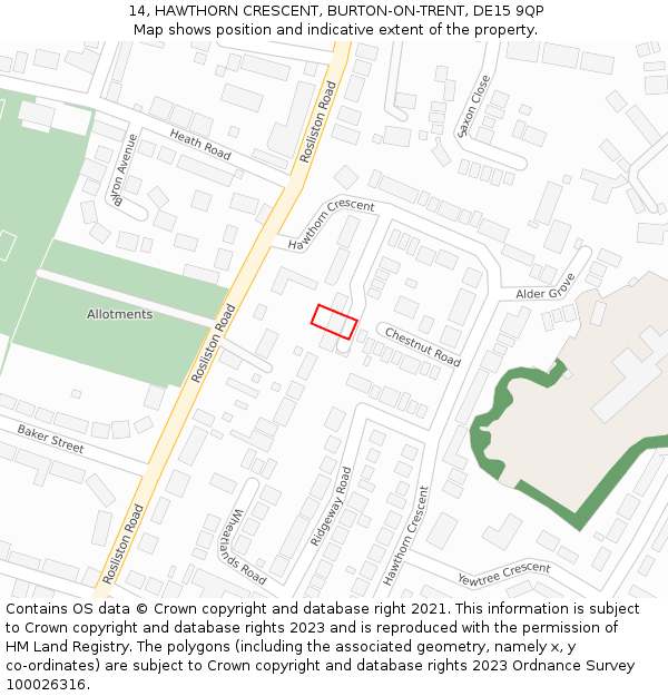 14, HAWTHORN CRESCENT, BURTON-ON-TRENT, DE15 9QP: Location map and indicative extent of plot