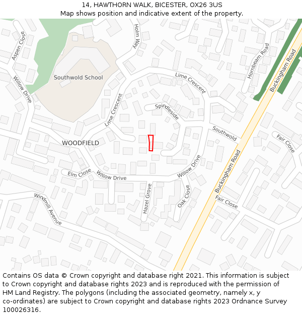 14, HAWTHORN WALK, BICESTER, OX26 3US: Location map and indicative extent of plot