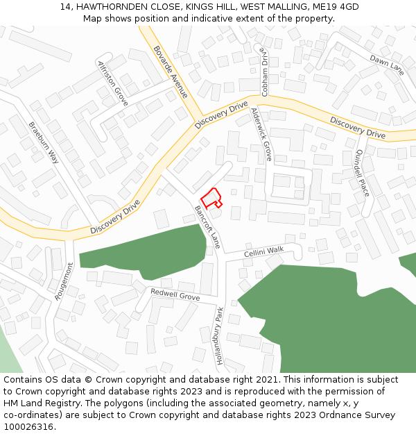 14, HAWTHORNDEN CLOSE, KINGS HILL, WEST MALLING, ME19 4GD: Location map and indicative extent of plot