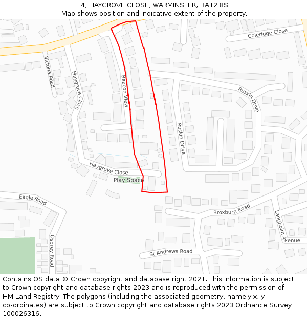 14, HAYGROVE CLOSE, WARMINSTER, BA12 8SL: Location map and indicative extent of plot