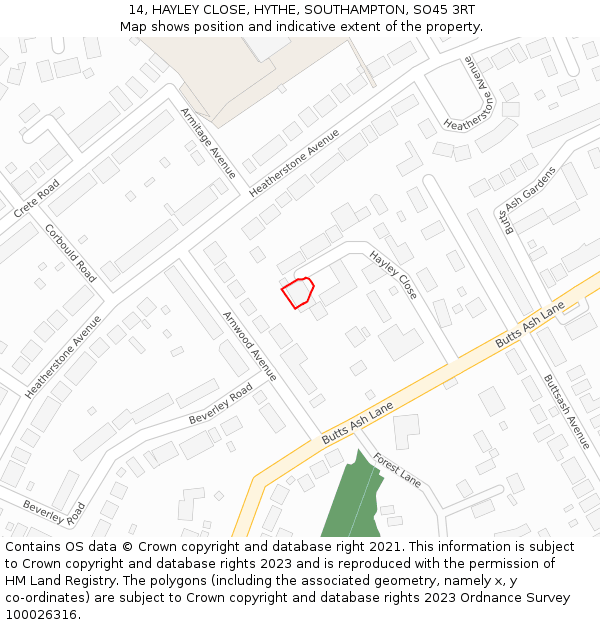 14, HAYLEY CLOSE, HYTHE, SOUTHAMPTON, SO45 3RT: Location map and indicative extent of plot