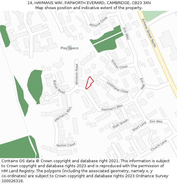 14, HAYMANS WAY, PAPWORTH EVERARD, CAMBRIDGE, CB23 3XN: Location map and indicative extent of plot