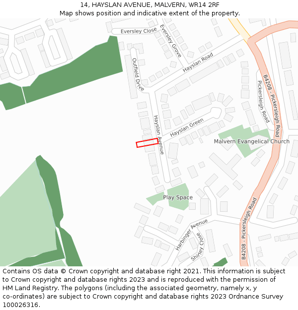 14, HAYSLAN AVENUE, MALVERN, WR14 2RF: Location map and indicative extent of plot