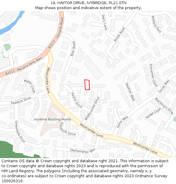 14, HAYTOR DRIVE, IVYBRIDGE, PL21 0TN: Location map and indicative extent of plot