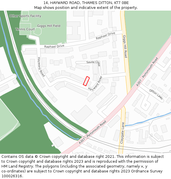 14, HAYWARD ROAD, THAMES DITTON, KT7 0BE: Location map and indicative extent of plot