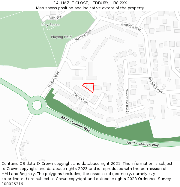 14, HAZLE CLOSE, LEDBURY, HR8 2XX: Location map and indicative extent of plot