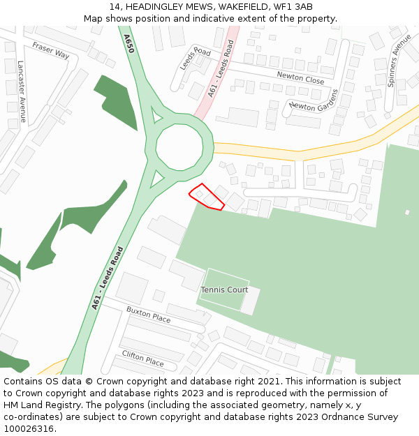 14, HEADINGLEY MEWS, WAKEFIELD, WF1 3AB: Location map and indicative extent of plot