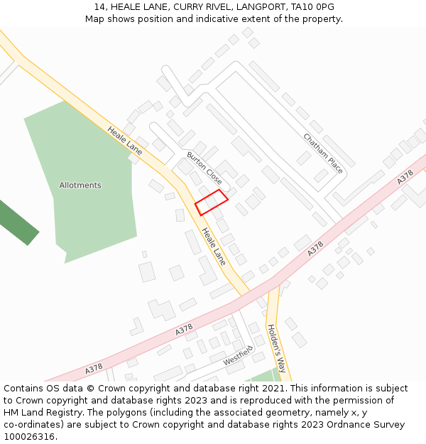 14, HEALE LANE, CURRY RIVEL, LANGPORT, TA10 0PG: Location map and indicative extent of plot