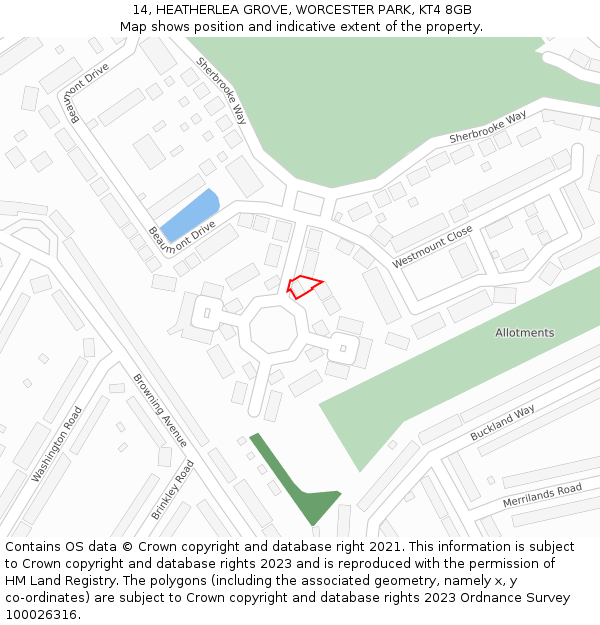 14, HEATHERLEA GROVE, WORCESTER PARK, KT4 8GB: Location map and indicative extent of plot