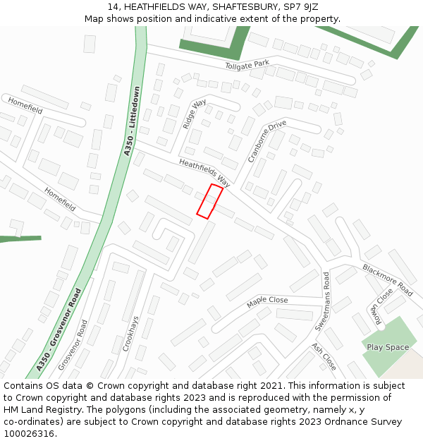 14, HEATHFIELDS WAY, SHAFTESBURY, SP7 9JZ: Location map and indicative extent of plot