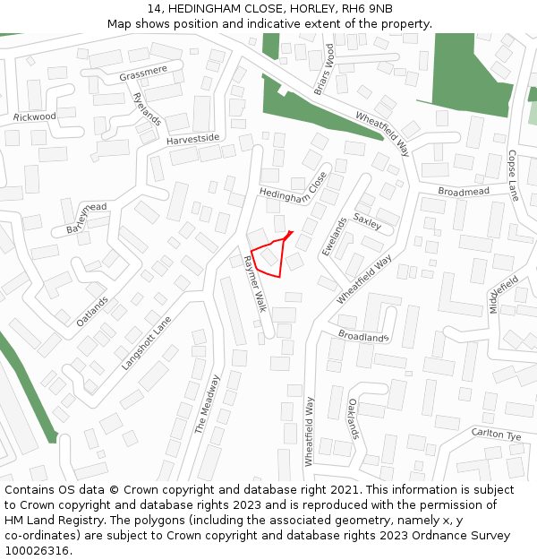 14, HEDINGHAM CLOSE, HORLEY, RH6 9NB: Location map and indicative extent of plot