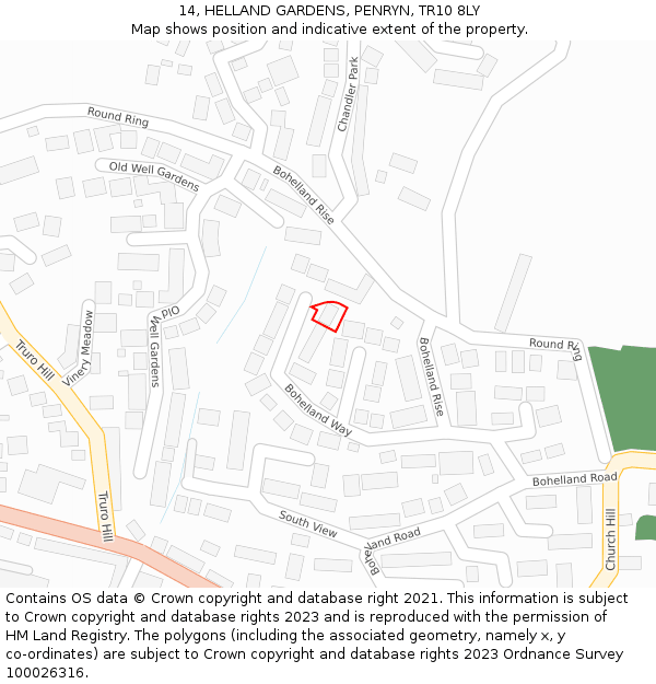 14, HELLAND GARDENS, PENRYN, TR10 8LY: Location map and indicative extent of plot